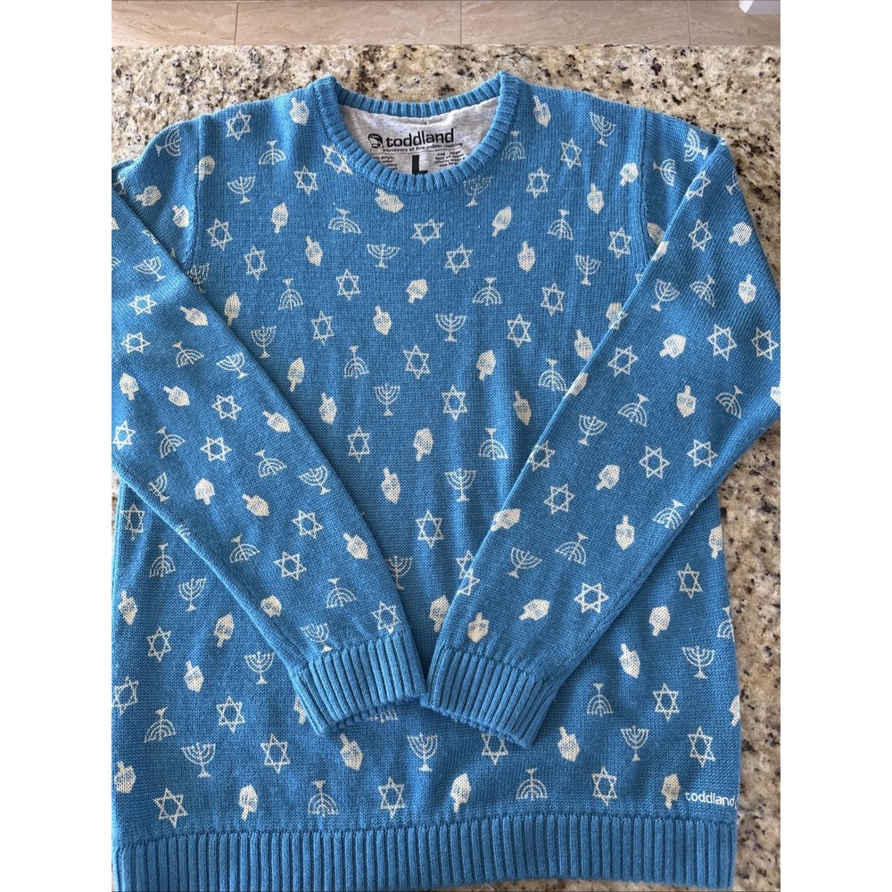 Large Light Blue Holiday Hanukkah Symbols Pattern Ugly Christmas  Sweater 5474‎